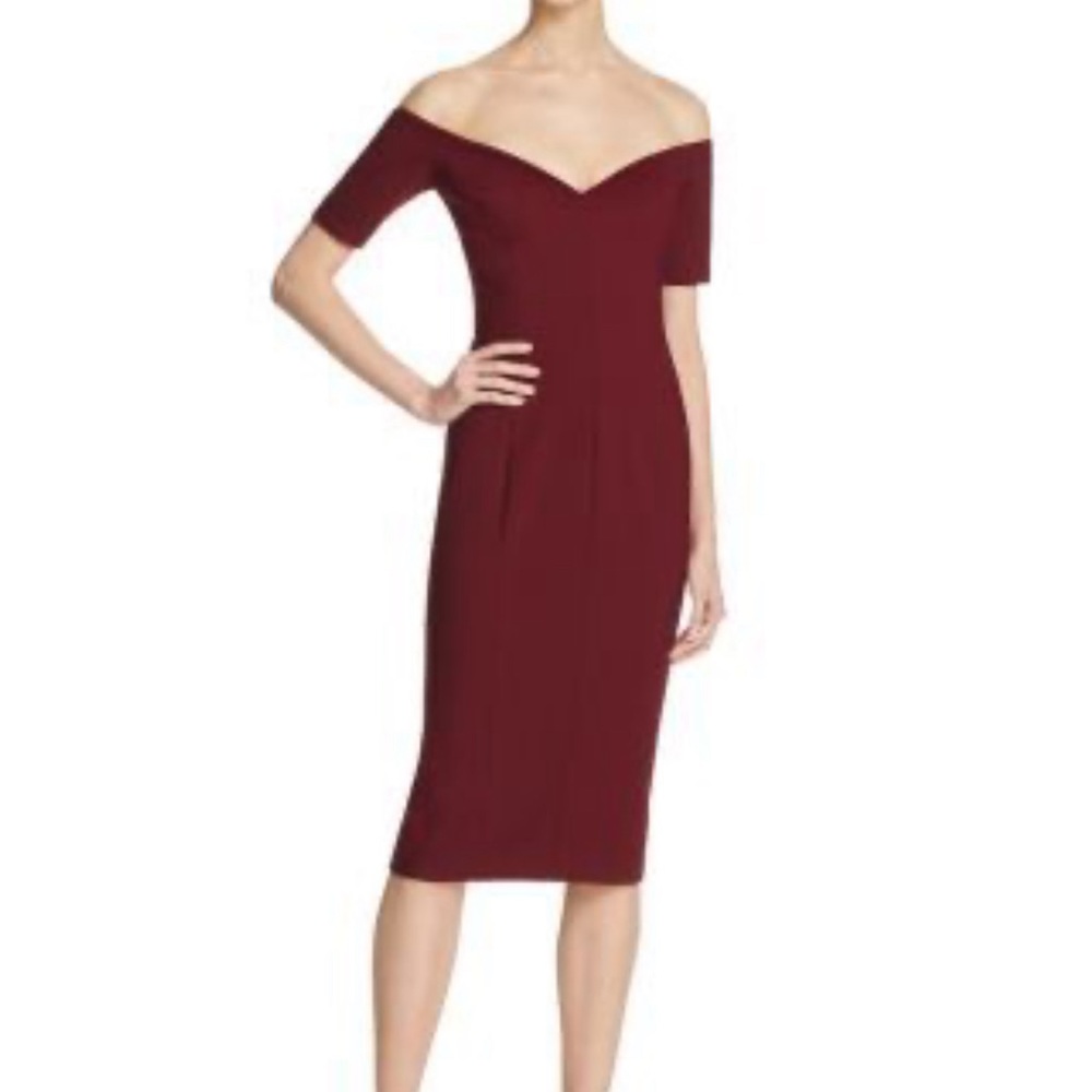 Cinq a Sept off the shoulder fitted cocktail dress in burgundy